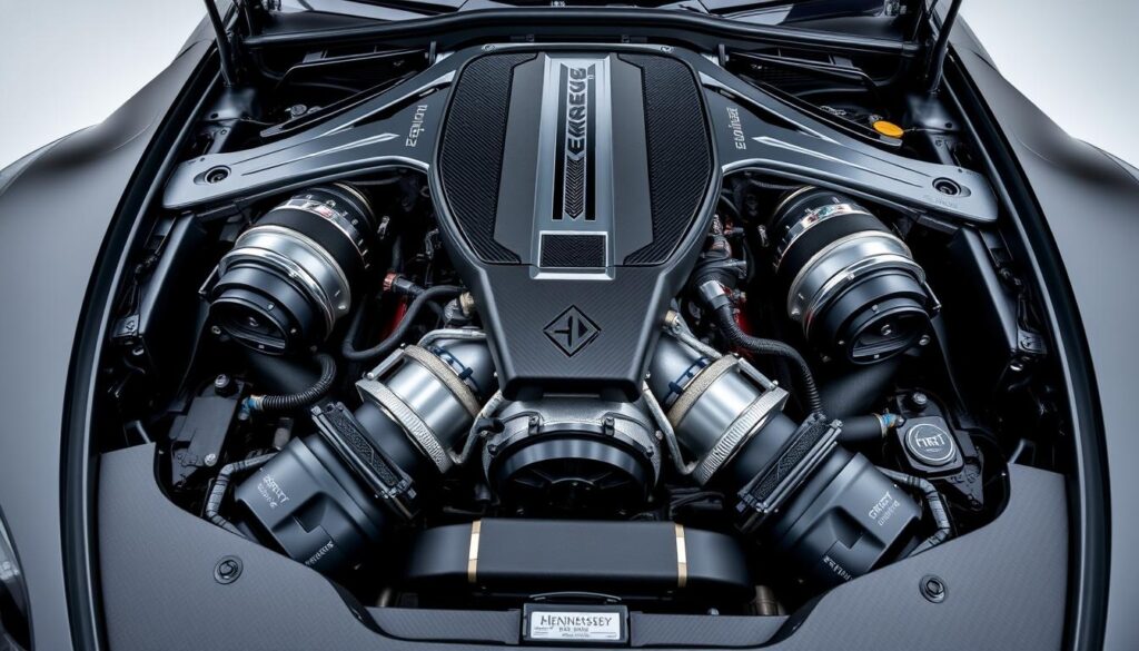 Hennessey Venom F5 Evolution engine bay showing the 6.6-liter twin-turbo V8 'Fury' engine