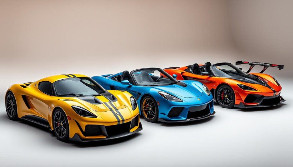 Hennessey Venom F5 Evolution lineup showing Coupe, Roadster and Revolution variants